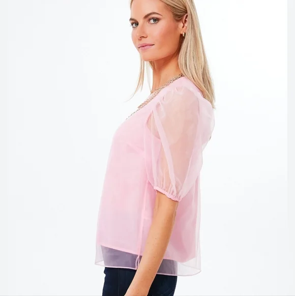 NWT TUCKERNUCK'S HYACINTH HOUSE TULLE SLEEVE ROURKE BLOUSE XL BUBBLEGUM PINK - Picture 4 of 6